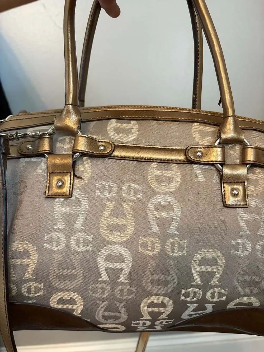 Etienne Aigner Logo Jacquard Leather Trim Satchel Handbag Bronze